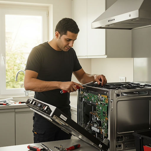 فني صيانة بلت ان هاير المُعتمد يُصلح بوتاجاز مدمج باستخدام قطع غيار أصلية وأدوات احترافية، مع ظهور رقم الخط الساخن هاير 19224 لطلب خدمة صيانة سريعة ودقيقة في جميع أنحاء مصر.