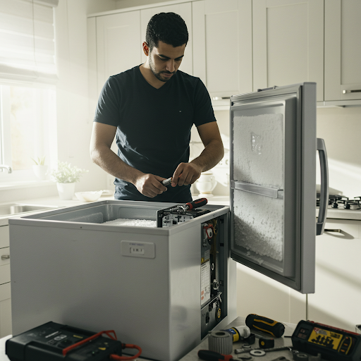 فني صيانة ديب فريزر هاير المُعتمد يُجري إصلاحًا باستخدام قطع غيار أصلية وأدوات متخصصة، مع ظهور رقم الخط الساخن هاير 19224 لطلب خدمة صيانة فورية في جميع أنحاء مصر.