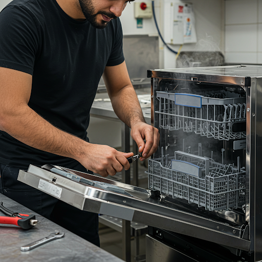 فني صيانة غسالات هاير المُعتمد يُجري إصلاحًا دقيقًا باستخدام قطع غيار أصلية، مع ظهور رقم الخط الساخن هاير 19224 لطلب خدمة سريعة في مصر.