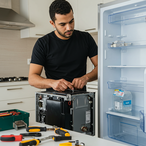 فني صيانة ثلاجات هاير المُعتمد يُجري إصلاحًا لثلاجة باستخدام قطع غيار أصلية وأدوات احترافية، مع ظهور رقم الخط الساخن هاير 19224 لطلب خدمة صيانة سريعة وآمنة في جميع أنحاء مصر.