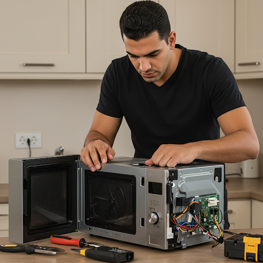 فني صيانة ميكروويف هاير المُعتمد يُجري إصلاحًا دقيقًا باستخدام قطع غيار أصلية وأدوات احترافية، مع ظهور رقم الخط الساخن هاير 19224 لطلب خدمة صيانة سريعة وآمنة في جميع أنحاء مصر.