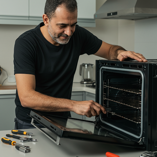 فني صيانة افران هاير المُعتمد يُجري إصلاحًا لفرن مطبخي باستخدام قطع غيار أصلية، مع ظهور رقم الخط الساخن هاير 19224 لطلب خدمة صيانة فورية في جميع أنحاء مصر.