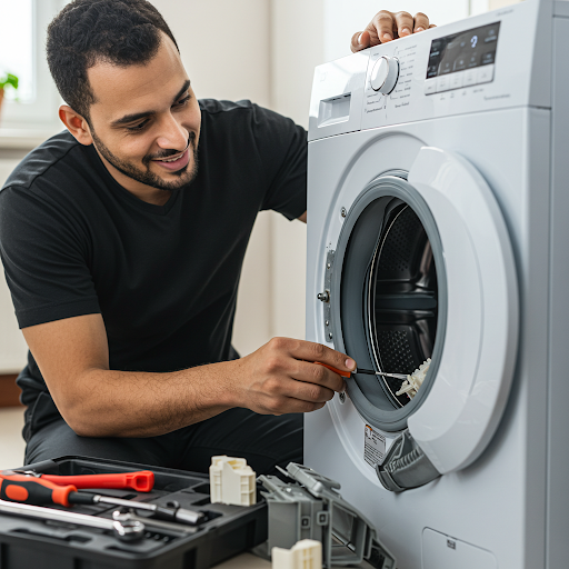 فني صيانة غسالات هاير المُعتمد يُجري إصلاحًا دقيقًا باستخدام قطع غيار أصلية، مع ظهور رقم الخط الساخن هاير 19224 لطلب خدمة سريعة في مصر.